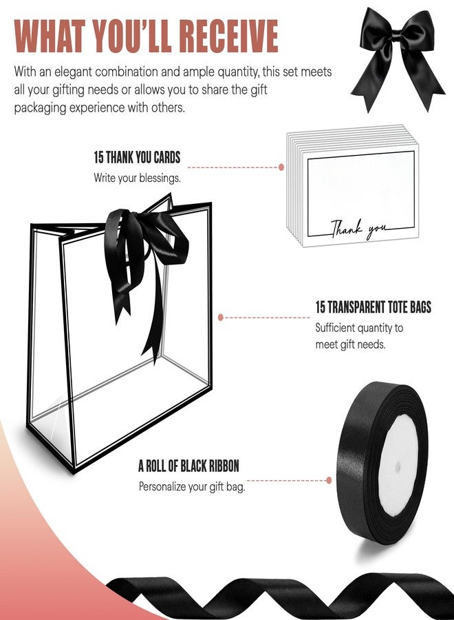 Philbinden 15Pack Clear Plastic Gift Bags with Handle,Reusable PP Gift Wrap Tote Bags with Ribbon Card for Wedding Bridal Birthday Party Baby Shower Goodies Graduation Shopping Business, 12x10x5Inch (black, large) - Image 3